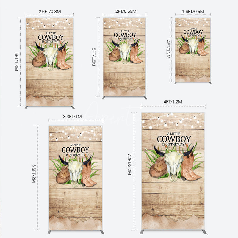 Aperturee - Aperturee A Little Cowboy is on the Way Rectangle Backdrop Rustic Western Baby Shower Decor Wood and String Lights Photo Booth