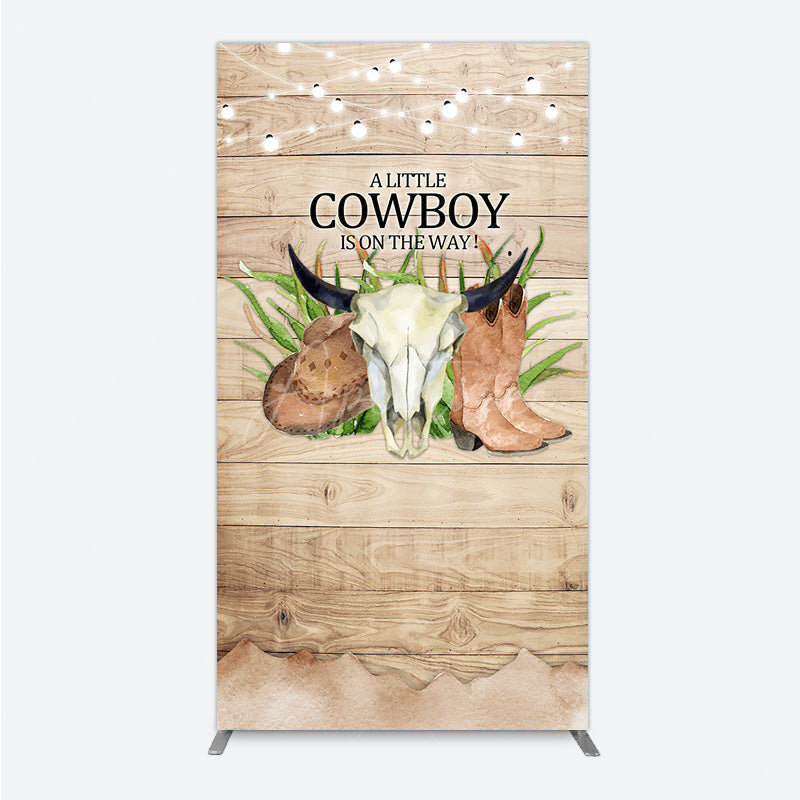 Aperturee - Aperturee A Little Cowboy is on the Way Rectangle Backdrop Rustic Western Baby Shower Decor Wood and String Lights Photo Booth