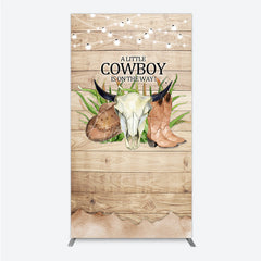 Aperturee - Aperturee A Little Cowboy is on the Way Rectangle Backdrop Rustic Western Baby Shower Decor Wood and String Lights Photo Booth