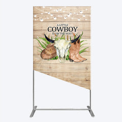 Aperturee - Aperturee A Little Cowboy is on the Way Rectangle Backdrop Rustic Western Baby Shower Decor Wood and String Lights Photo Booth