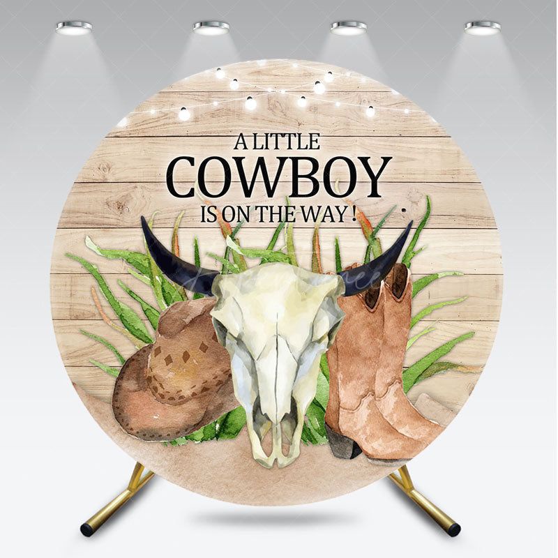 Aperturee Aperturee A Little Cowboy Is On The Way Round Backdrop Western Themed Baby Shower Rustic Wood and Skull Photo Prop Decor