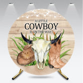 Aperturee Aperturee A Little Cowboy Is On The Way Round Backdrop Western Themed Baby Shower Rustic Wood and Skull Photo Prop Decor