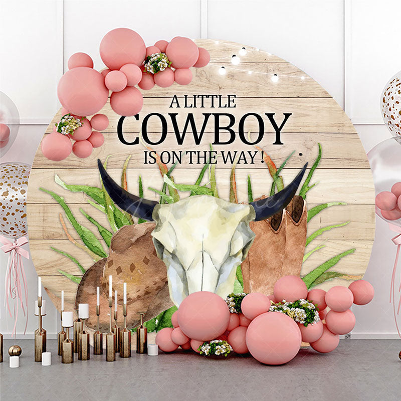 Aperturee Aperturee A Little Cowboy Is On The Way Round Backdrop Western Themed Baby Shower Rustic Wood and Skull Photo Prop Decor