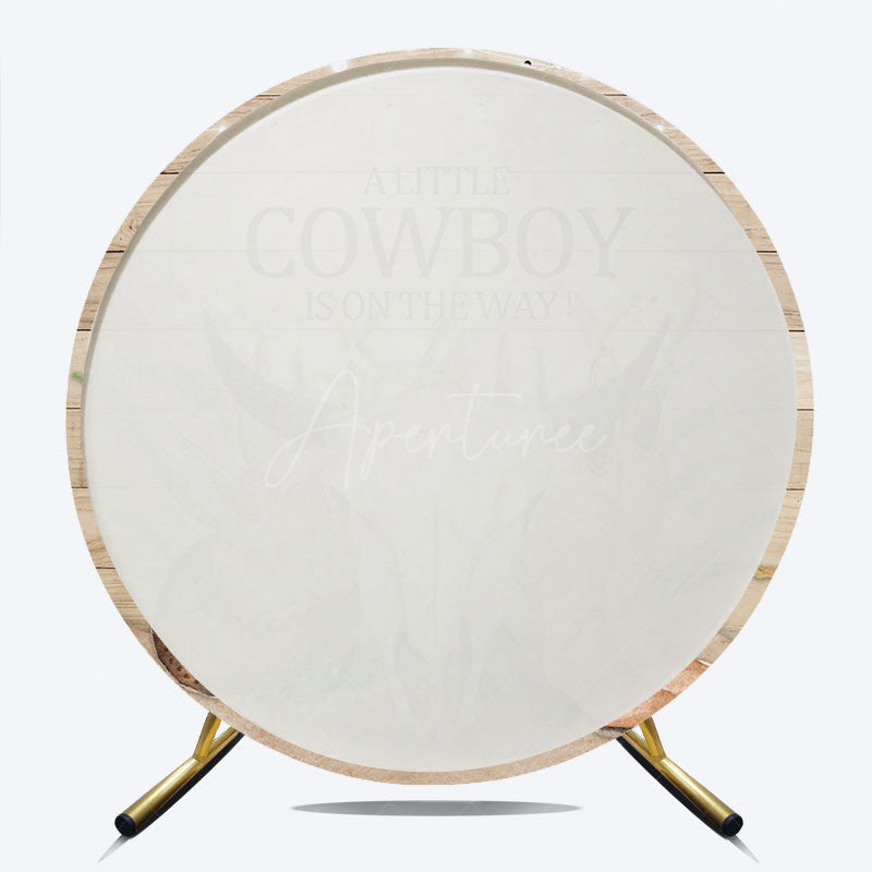 Aperturee Aperturee A Little Cowboy Is On The Way Round Backdrop Western Themed Baby Shower Rustic Wood and Skull Photo Prop Decor