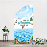 Aperturee - Aperturee A Little Fisherman is on the Way Half Moon Arch Backdrop Lake Fishing Boat Baby Shower Decoration