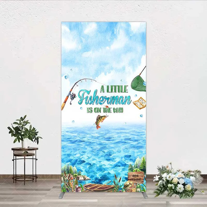 Aperturee - Aperturee A Little Fisherman is on the Way Rectangle Backdrop Lake Fishing Boat Baby Shower Decoration