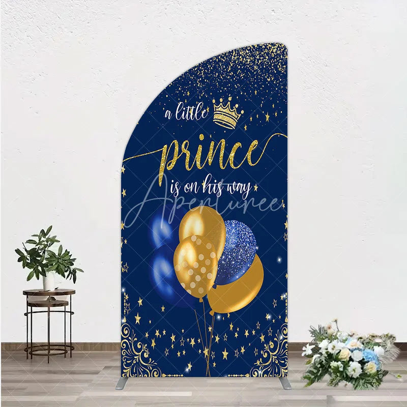 Aperturee - Aperturee A Little Prince is on His Way Half Moon Arch Backdrop Royal Blue and Gold Balloons Boy Baby Shower Party Decor