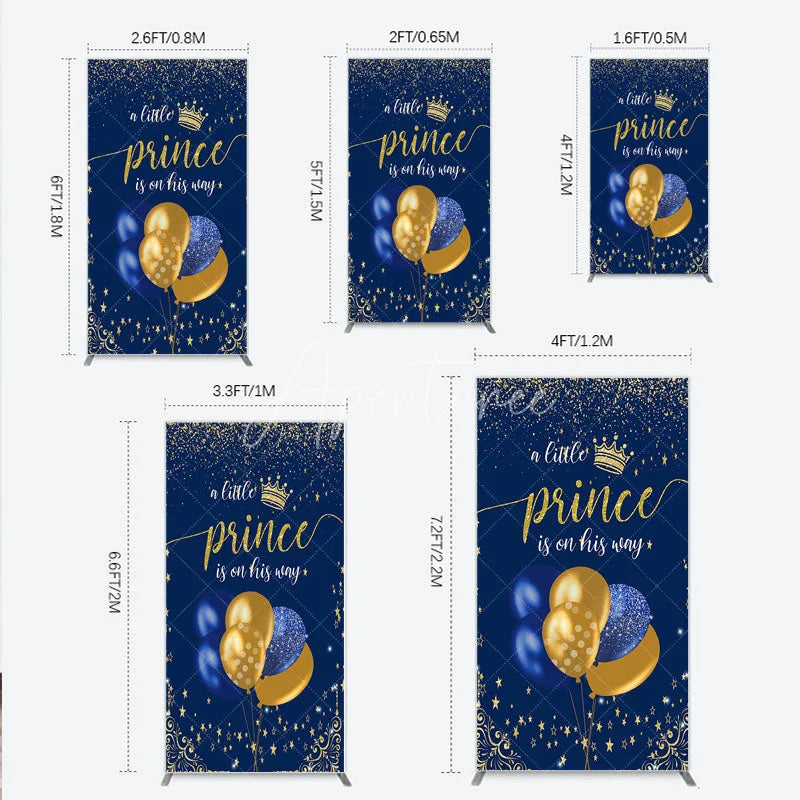 Aperturee - Aperturee A Little Prince is on His Way Rectangle Backdrop Royal Blue and Gold Balloons Boy Baby Shower Party Decor