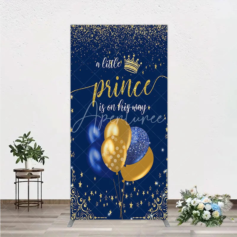 Aperturee - Aperturee A Little Prince is on His Way Rectangle Backdrop Royal Blue and Gold Balloons Boy Baby Shower Party Decor