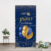 Aperturee - Aperturee A Little Prince is on His Way Rectangle Backdrop Royal Blue and Gold Balloons Boy Baby Shower Party Decor