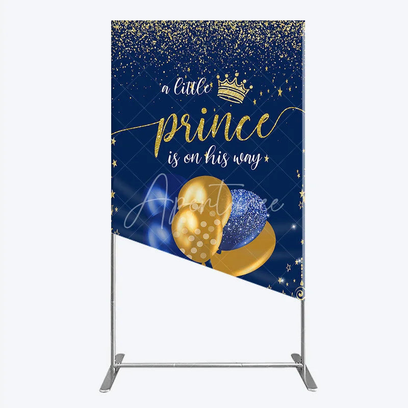 Aperturee - Aperturee A Little Prince is on His Way Rectangle Backdrop Royal Blue and Gold Balloons Boy Baby Shower Party Decor