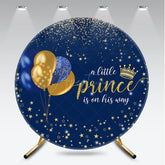 Aperturee - Aperturee A Little Prince is on His Way Round Backdrop Royal Blue and Gold with Crown Prince Themed Baby Shower Decor