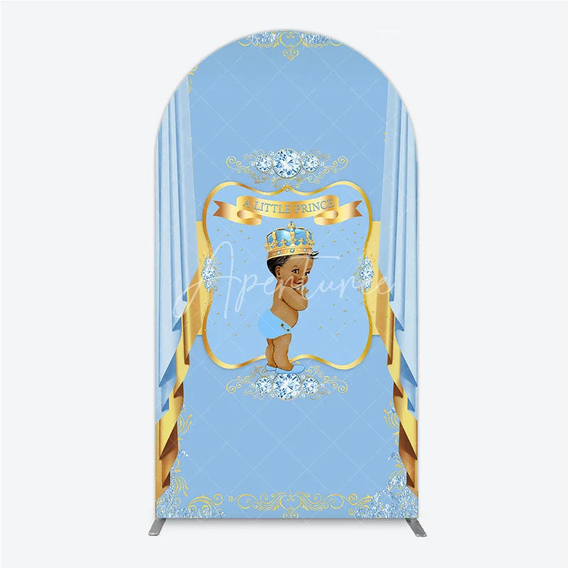 Aperturee - Aperturee A Little Prince Royal Blue Baby Shower Arch Backdrop Diamond and Gold Crown Party Cover
