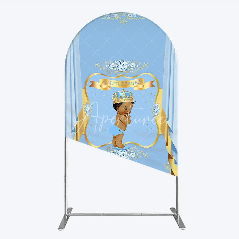 Aperturee - Aperturee A Little Prince Royal Blue Baby Shower Arch Backdrop Diamond and Gold Crown Party Cover