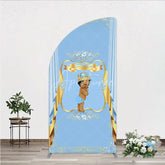 Aperturee - Aperturee A Little Prince Royal Blue Baby Shower Half Moon Arch Backdrop Diamond and Gold Crown Party Cover