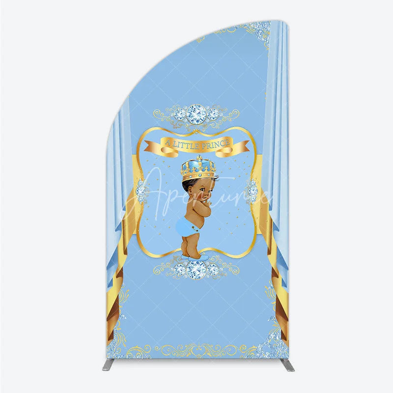 Aperturee - Aperturee A Little Prince Royal Blue Baby Shower Half Moon Arch Backdrop Diamond and Gold Crown Party Cover
