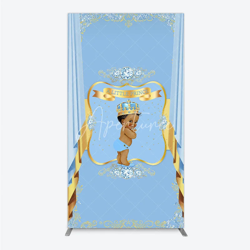 Aperturee - Aperturee A Little Prince Royal Blue Baby Shower Rectangle Backdrop Diamond and Gold Crown Party Cover