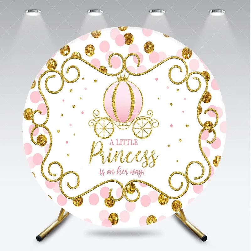 Aperturee - Aperturee A Little Princess is on her Way Round Backdrop Pink and Gold Carriage Girl Baby Shower Party Photo Booth Decor