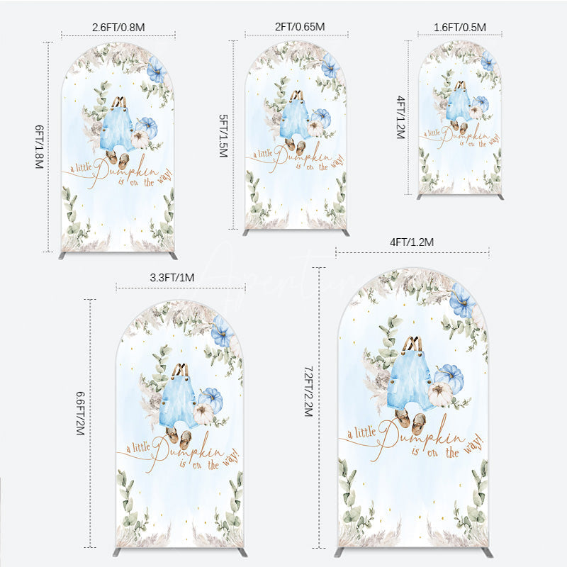 Aperturee - Aperturee A Little Pumpkin is on the Way Arch Backdrop Boho Baby Shower Decor with Pampas Grass Blue Overalls Theme for Boy