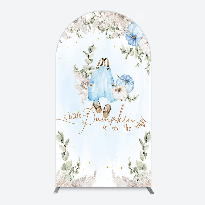 Aperturee - Aperturee A Little Pumpkin is on the Way Arch Backdrop Boho Baby Shower Decor with Pampas Grass Blue Overalls Theme for Boy