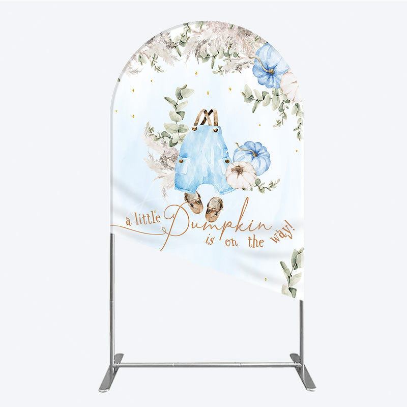 Aperturee - Aperturee A Little Pumpkin is on the Way Arch Backdrop Boho Baby Shower Decor with Pampas Grass Blue Overalls Theme for Boy