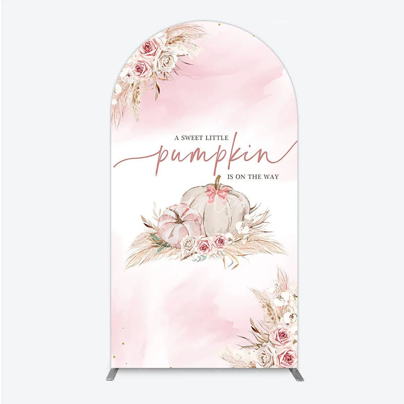 Aperturee - Aperturee A Little Pumpkin is on the Way Arch Backdrop Boho Pink Floral Baby Shower Fall Pampas Grass Party Decor