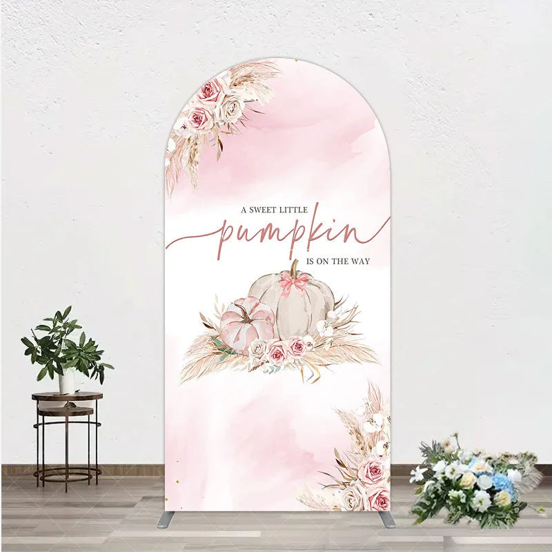 Aperturee - Aperturee A Little Pumpkin is on the Way Arch Backdrop Boho Pink Floral Baby Shower Fall Pampas Grass Party Decor