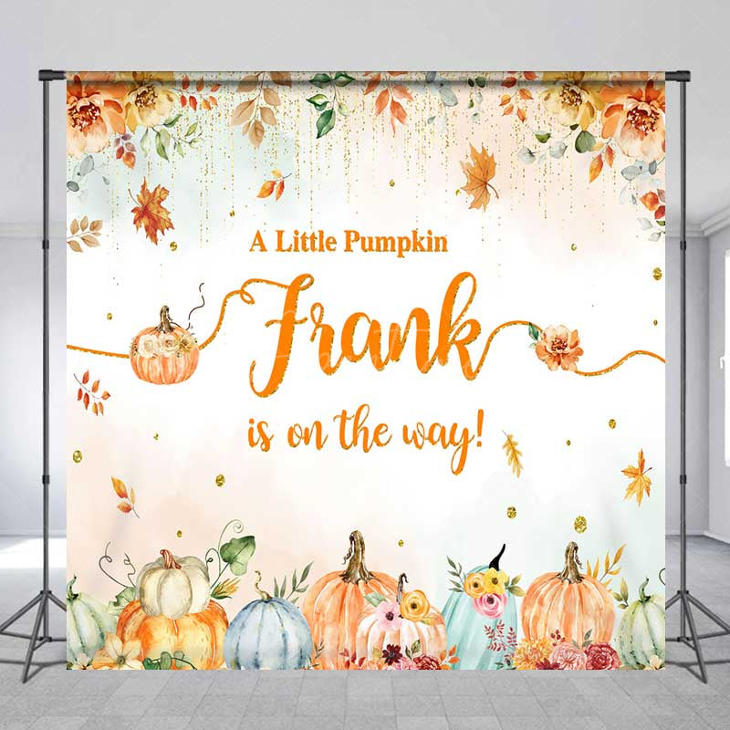 Aperturee - Aperturee A Little Pumpkin is on the Way Custom Backdrop Autumn Floral with Gold Glitter Fall Themed Baby Shower Decor