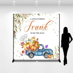 Aperturee - Aperturee A Little Pumpkin is on the Way Custom Backdrop Blue Vintage Truck with Pumpkins Rustic Autumn Welcome Sign