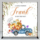 Aperturee - Aperturee A Little Pumpkin is on the Way Custom Backdrop Blue Vintage Truck with Pumpkins Rustic Autumn Welcome Sign