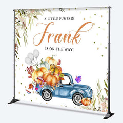 Aperturee - Aperturee A Little Pumpkin is on the Way Custom Backdrop Blue Vintage Truck with Pumpkins Rustic Autumn Welcome Sign