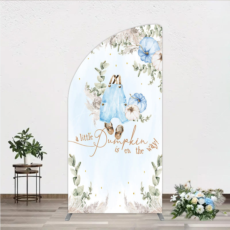 Aperturee - Aperturee A Little Pumpkin is on the Way Half Moon Arch Backdrop Boho Baby Shower Decor with Pampas Grass Blue Overalls Theme