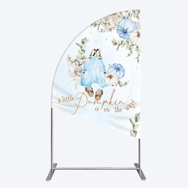 Aperturee - Aperturee A Little Pumpkin is on the Way Half Moon Arch Backdrop Boho Baby Shower Decor with Pampas Grass Blue Overalls Theme