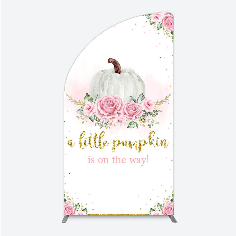 Aperturee - Aperturee A Little Pumpkin is on the Way Half Moon Arch Backdrop Pink Floral and Gold Glitter Girl Baby Shower Party Decor