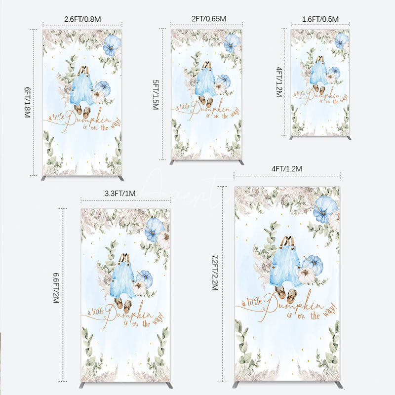 Aperturee - Aperturee A Little Pumpkin is on the Way Rectangle Backdrop Boho Baby Shower Decor with Pampas Grass Blue Overalls Theme for Boy