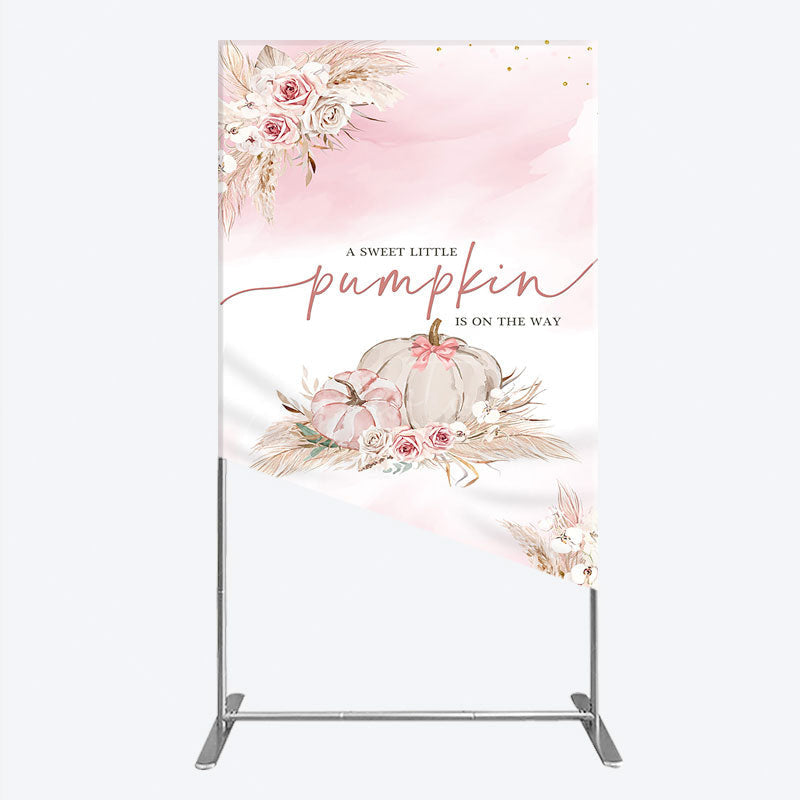 Aperturee - Aperturee A Little Pumpkin is on the Way Rectangle Backdrop Boho Pink Floral Baby Shower Fall Pampas Grass Party Decor