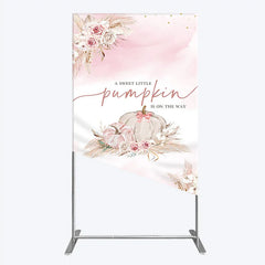 Aperturee - Aperturee A Little Pumpkin is on the Way Rectangle Backdrop Boho Pink Floral Baby Shower Fall Pampas Grass Party Decor