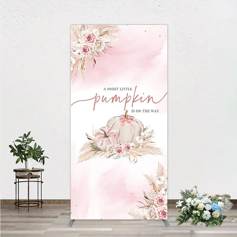 Aperturee - Aperturee A Little Pumpkin is on the Way Rectangle Backdrop Boho Pink Floral Baby Shower Fall Pampas Grass Party Decor