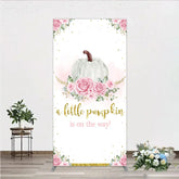 Aperturee - Aperturee A Little Pumpkin is on the Way Rectangle Backdrop Pink Floral and Gold Glitter Girl Baby Shower Party Decor