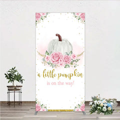 Aperturee - Aperturee A Little Pumpkin is on the Way Rectangle Backdrop Pink Floral and Gold Glitter Girl Baby Shower Party Decor