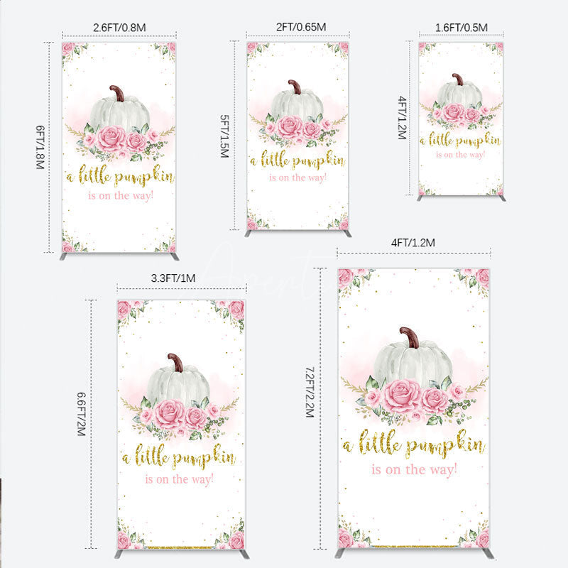 Aperturee - Aperturee A Little Pumpkin is on the Way Rectangle Backdrop Pink Floral and Gold Glitter Girl Baby Shower Party Decor