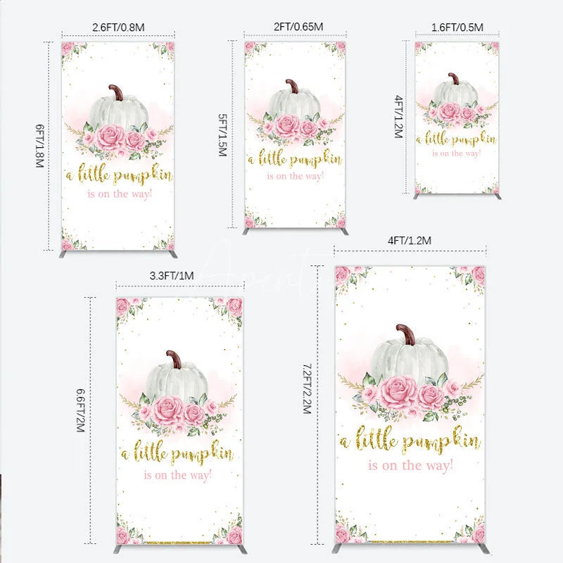 Aperturee - Aperturee A Little Pumpkin is on the Way Rectangle Backdrop Pink Floral and Gold Glitter Girl Baby Shower Party Decor