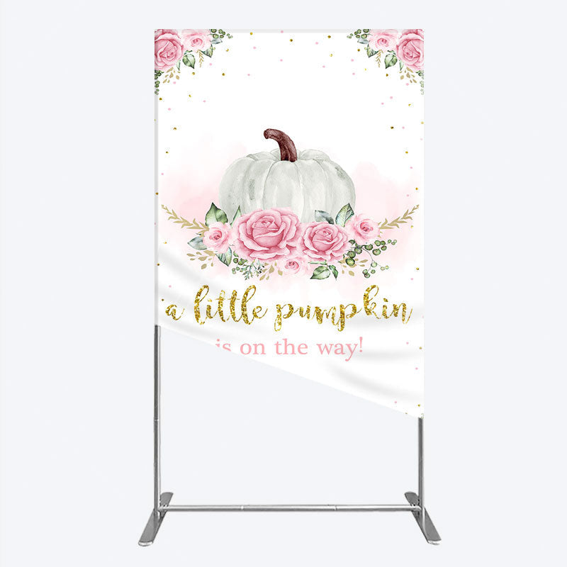 Aperturee - Aperturee A Little Pumpkin is on the Way Rectangle Backdrop Pink Floral and Gold Glitter Girl Baby Shower Party Decor