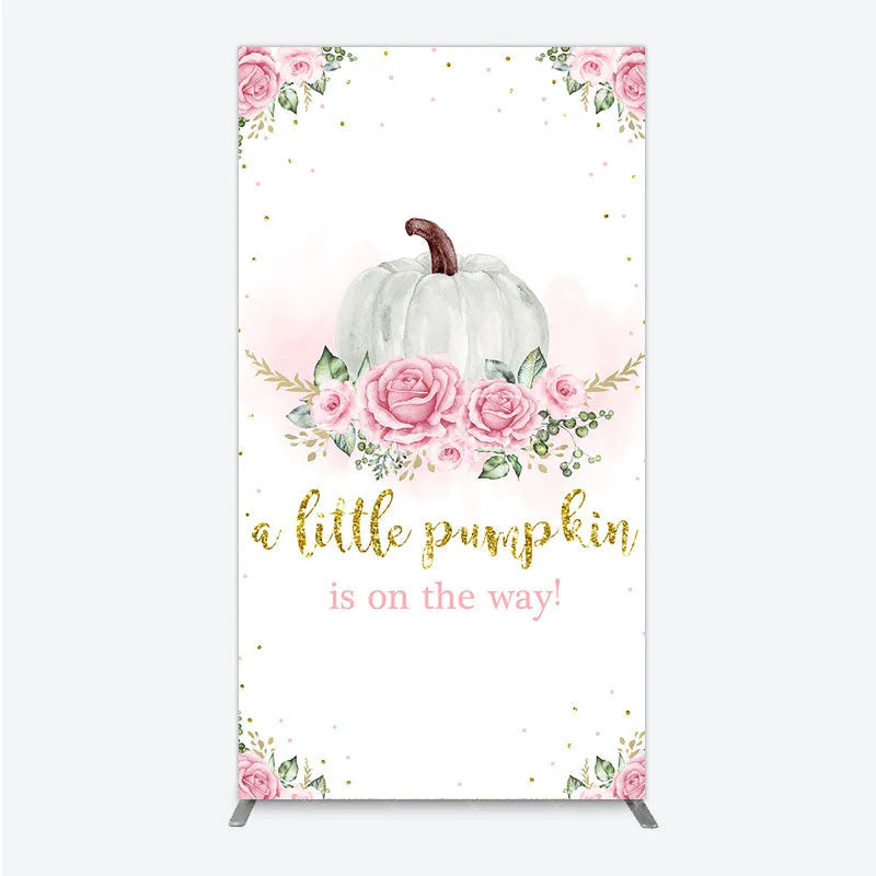Aperturee - Aperturee A Little Pumpkin is on the Way Rectangle Backdrop Pink Floral and Gold Glitter Girl Baby Shower Party Decor