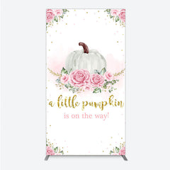 Aperturee - Aperturee A Little Pumpkin is on the Way Rectangle Backdrop Pink Floral and Gold Glitter Girl Baby Shower Party Decor