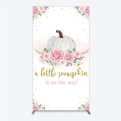 Aperturee - Aperturee A Little Pumpkin is on the Way Rectangle Backdrop Pink Floral and Gold Glitter Girl Baby Shower Party Decor