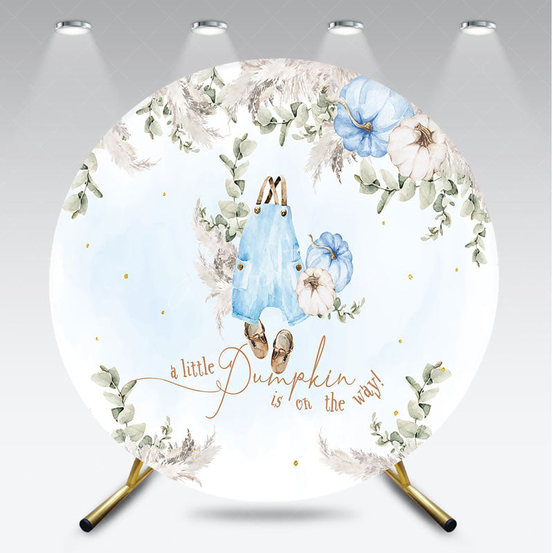 Aperturee Aperturee A Little Pumpkin is on the Way Round Backdrop Blue and White Pumpkin Decor Boho Boy Baby Shower Photo Prop