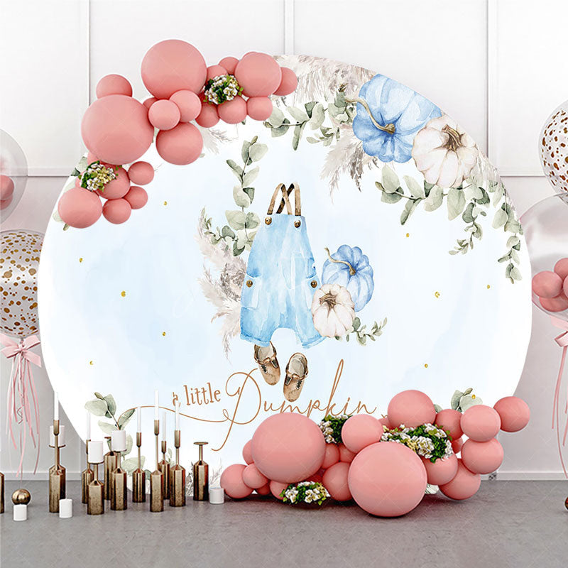 Aperturee Aperturee A Little Pumpkin is on the Way Round Backdrop Blue and White Pumpkin Decor Boho Boy Baby Shower Photo Prop