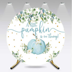 Aperturee - Aperturee A Little Pumpkin is on the Way Round Backdrop Blue Pumpkin and Eucalyptus Boys Rustic Baby Shower Photo Prop