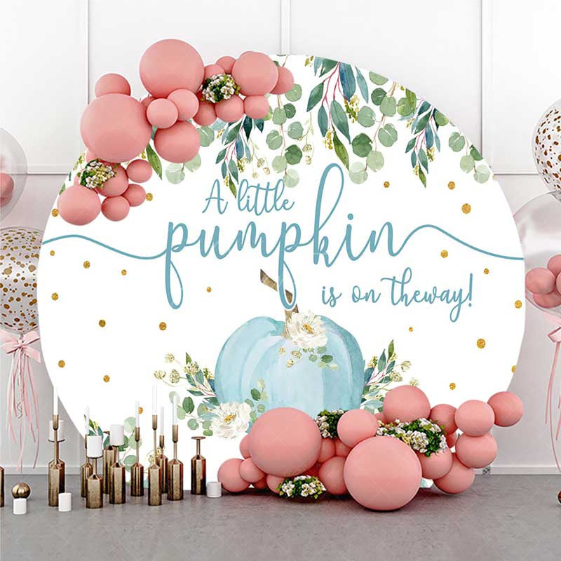 Aperturee - Aperturee A Little Pumpkin is on the Way Round Backdrop Blue Pumpkin and Eucalyptus Boys Rustic Baby Shower Photo Prop